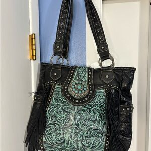 Trinity Ranch -Montana West faux leather turquoise, black tooled leather purse
